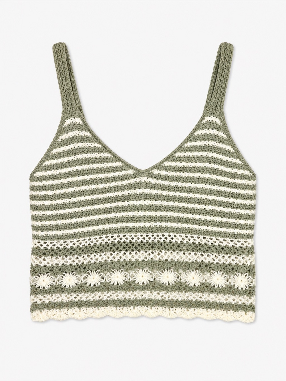 Hollister Olive & Cream Striped Crochet V-Neck Tank